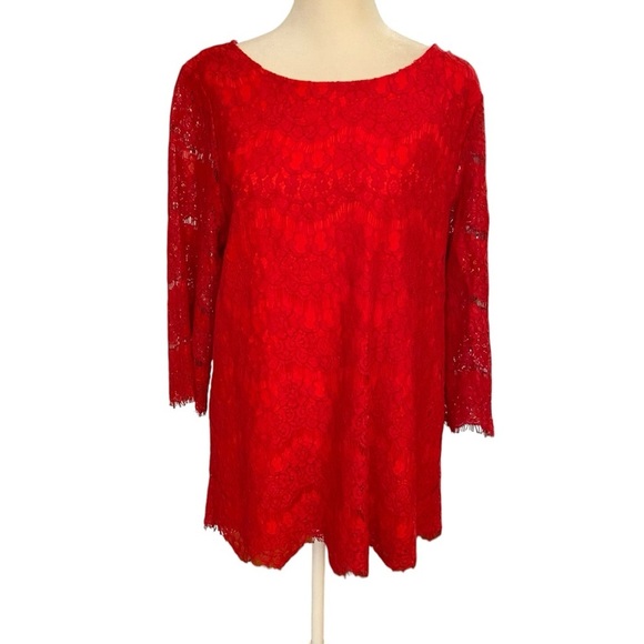 V Cristina Red Lace 3/4 Sleeve Blouse Size L Scoop Neck Lined Oversized Party - Picture 3 of 9